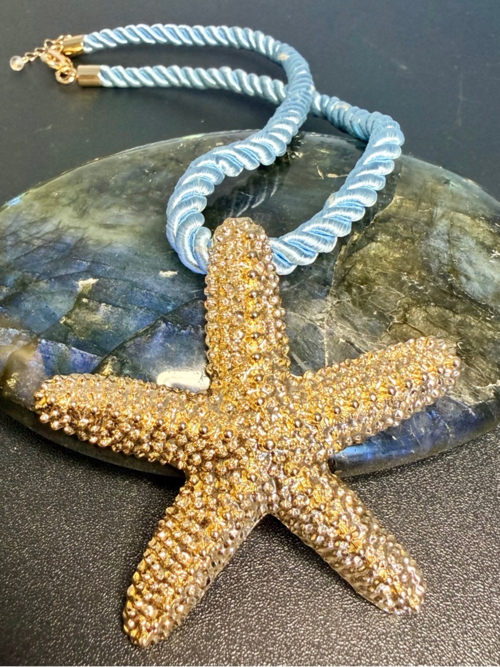 House of Harlow 1960 Gold Starfish Pendant Necklace with Light Blue Rope